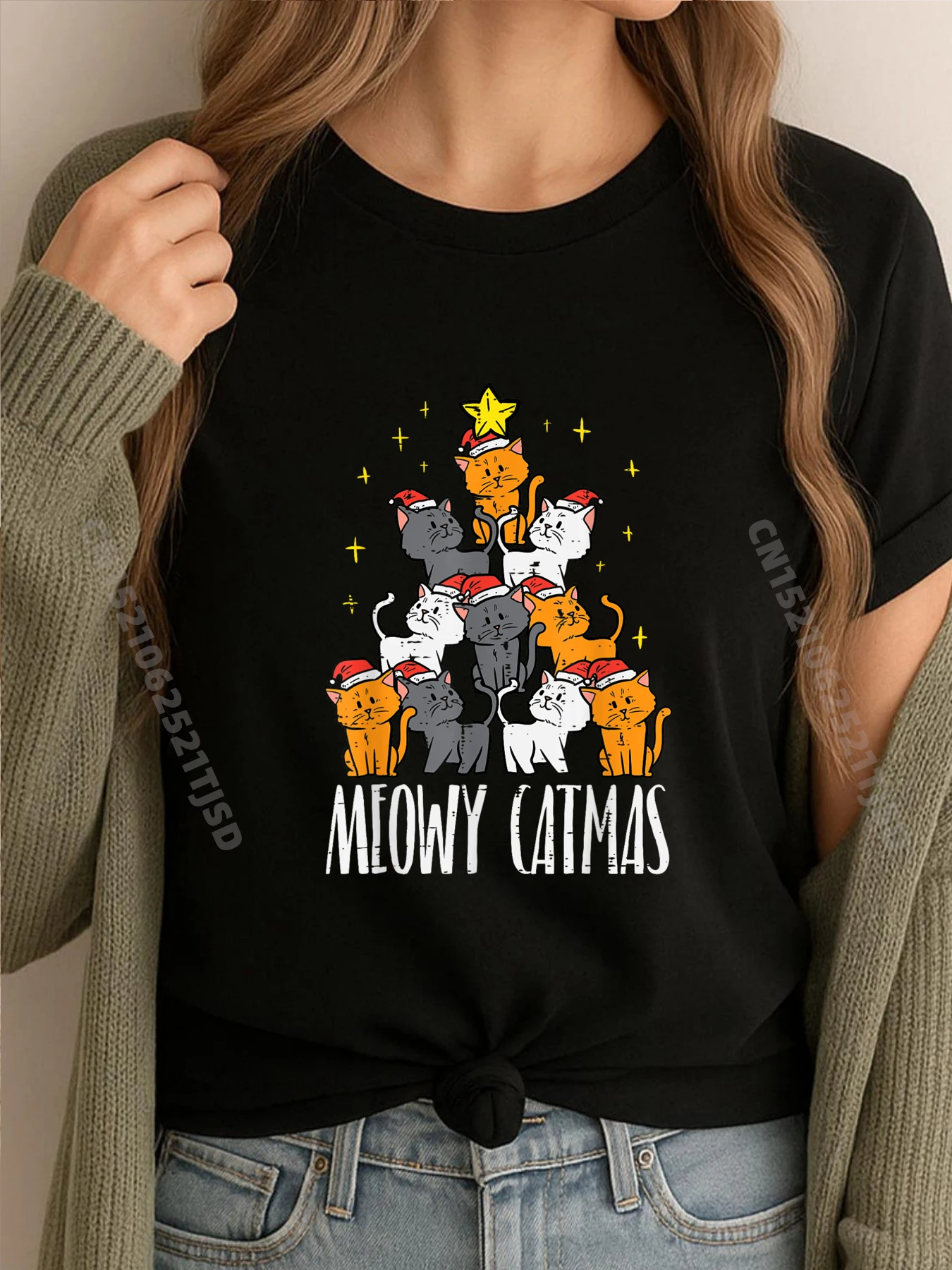 

Meowy Catmas Cat Рождественская елка Рождественские пижамы Пижамы для девочек Негабаритная футболка Женская дышащая мужская одежда Предложения