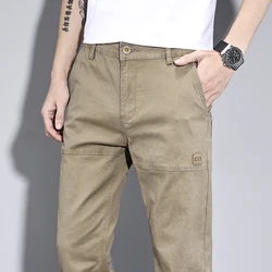 2024 Spring High-quality Pure Cotton Casual Slim Pants New Men's All Match Loose Straight Long Man Luxury Clothing Grey Khaki