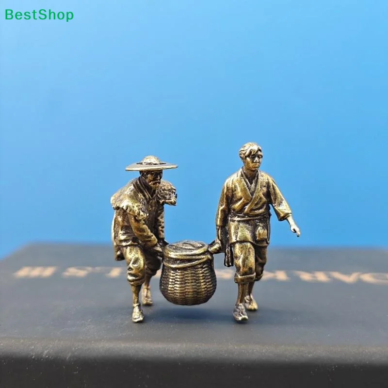 ♩Vintage Brass Mini Farmer Figurine, Two Men Carrying Basket Statue for Bonsai Micro Landscape Ornament