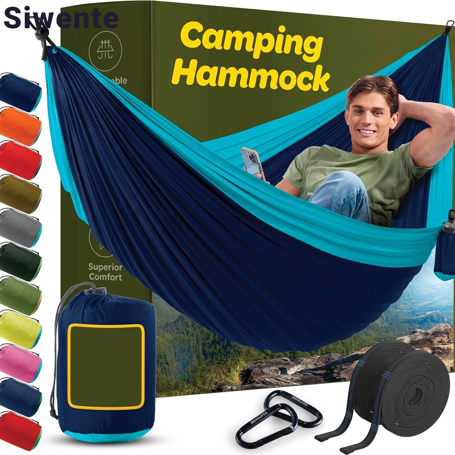 

Durable Hammock Nylon Camping Hammock Chair Double or Single Sizes Tree Straps Carry Bag Portable for Travel Beach Backyard