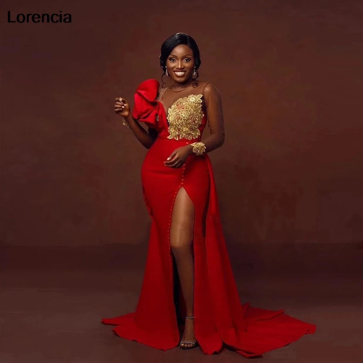 Lorencia-vestido de noche estilo africano Aso Ebi personalizado, vestido de fiesta Formal con abertura larga de talla grande, vestido con apliques de manga larga YPD214