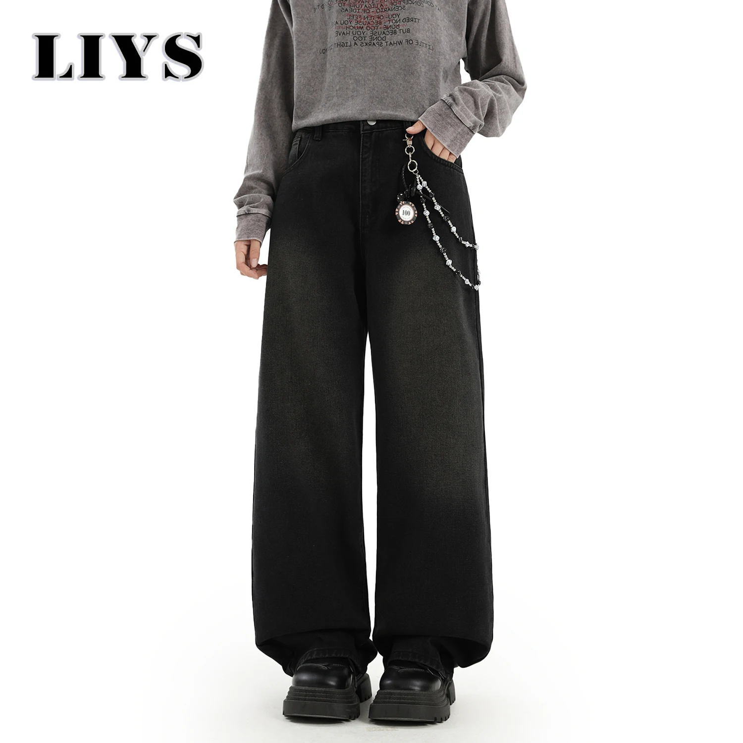Men's American Retro Black Baggy Wide Leg Jeans Spring Summer  Loose Straight Leg Denim Pants Women's Skull Element Basic Jeans