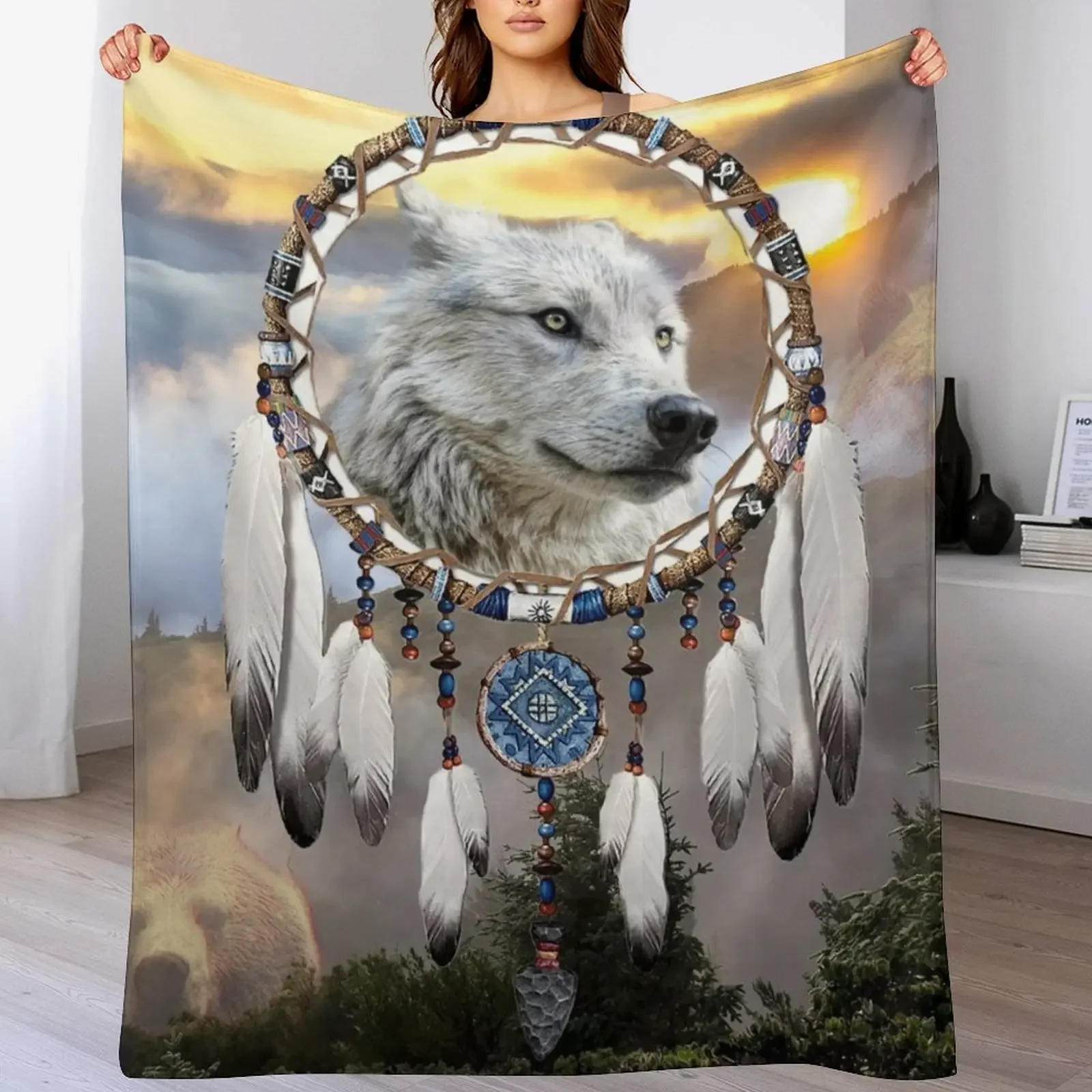 Wolf, Bear and Dream Catcher Throw Blanket Plush Fuzzy Cozy Blanket for Couch Sofa