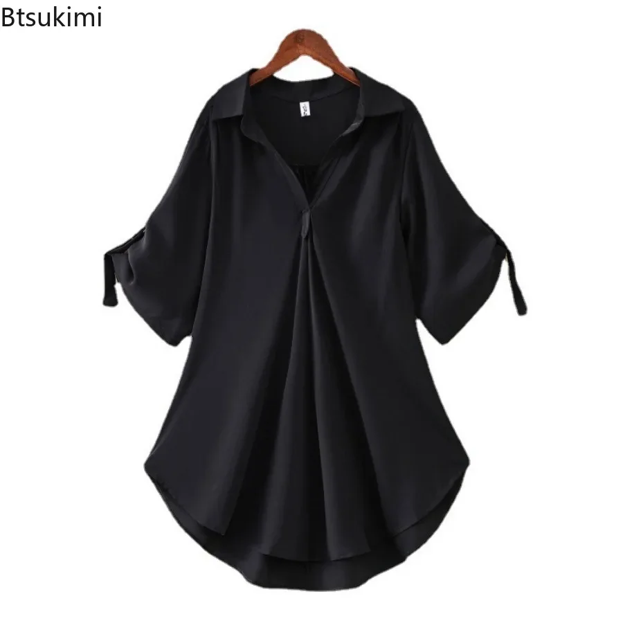 2025 frauen Sommer Solide Chiffon Blusen Mode Lose Elegante V-ausschnitt Pullover Casual Kurzarm Shirt Damen Mid-länge Tops