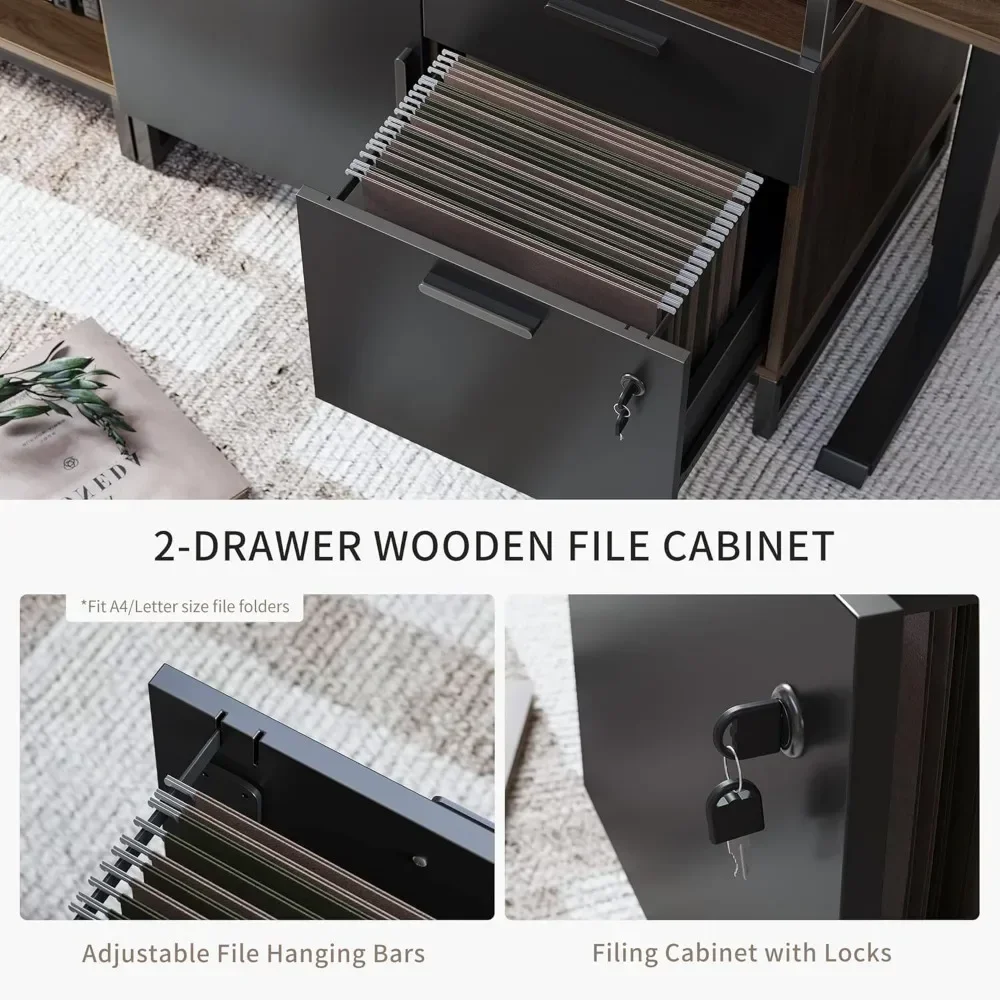 Mesa executiva em forma de L de 66 polegadas com arquivo e prateleiras, altura elétrica ajustável