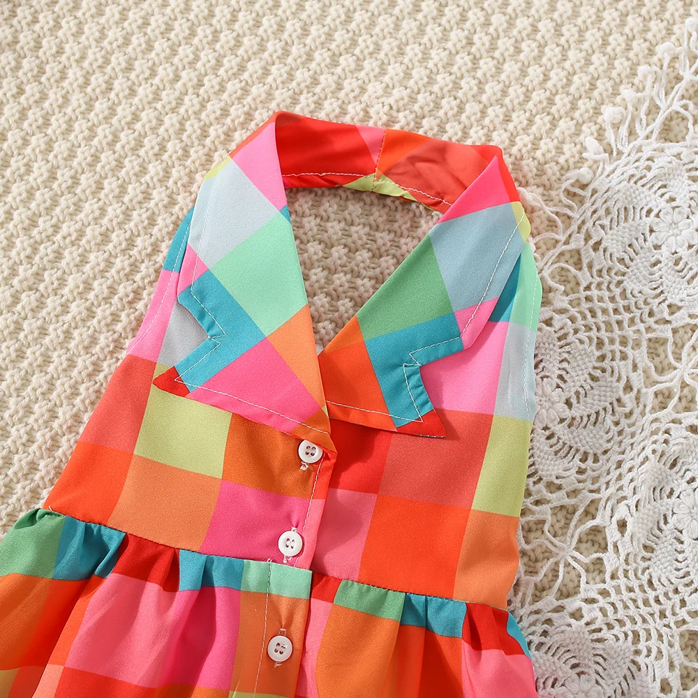 Summer Colorful Plaid Cotton Suit Collar Baby Girl Dress Cute Sleeveless Girl Princess Dress