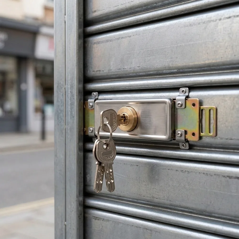 Garage Roller Shutter Security Lock Made of Thickened Steel with Polished Brass Gold Cylinder Face Metallic Silver Base