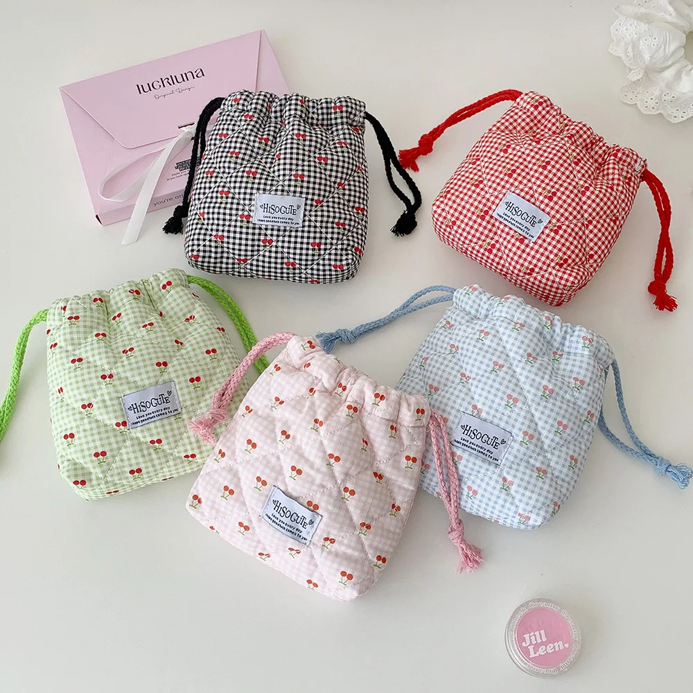 Cherry Checkered Drawstring Pouch Bedroom Scented Sachet Storage Bag Hanging Bag Travel Portable Storage Bag