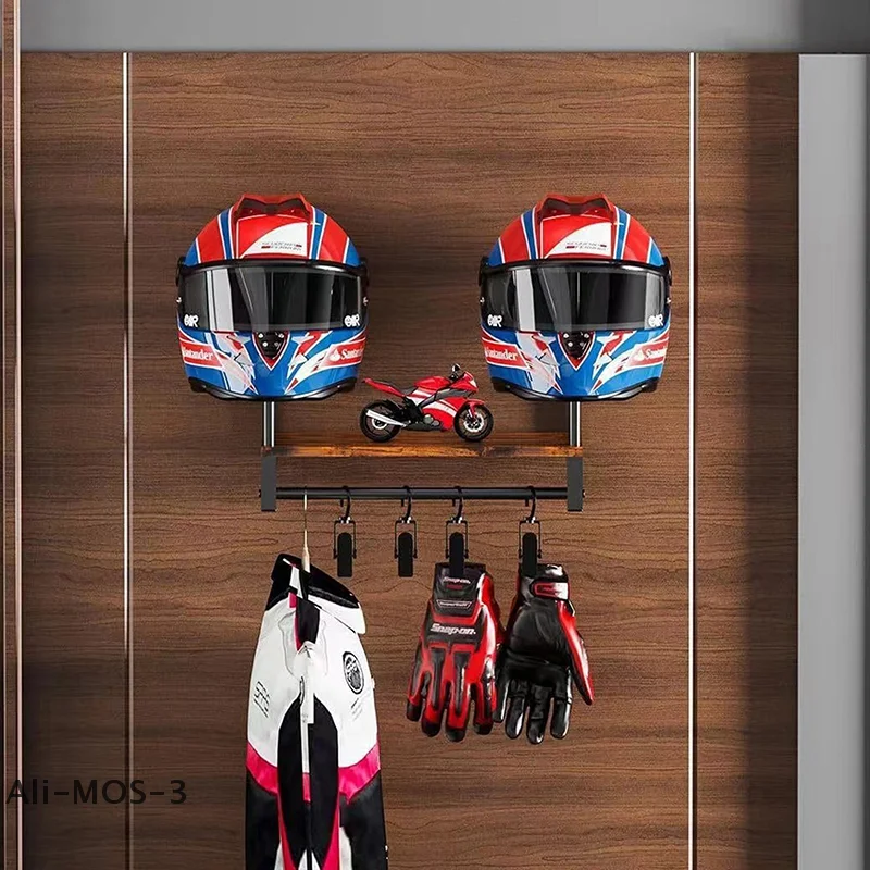 

【S】Wooden Motorcycle Helmet Rack With Shelf, Wall-Mounted Helmet Display Stand Compatible With Helmets - Holds 2 Helmets