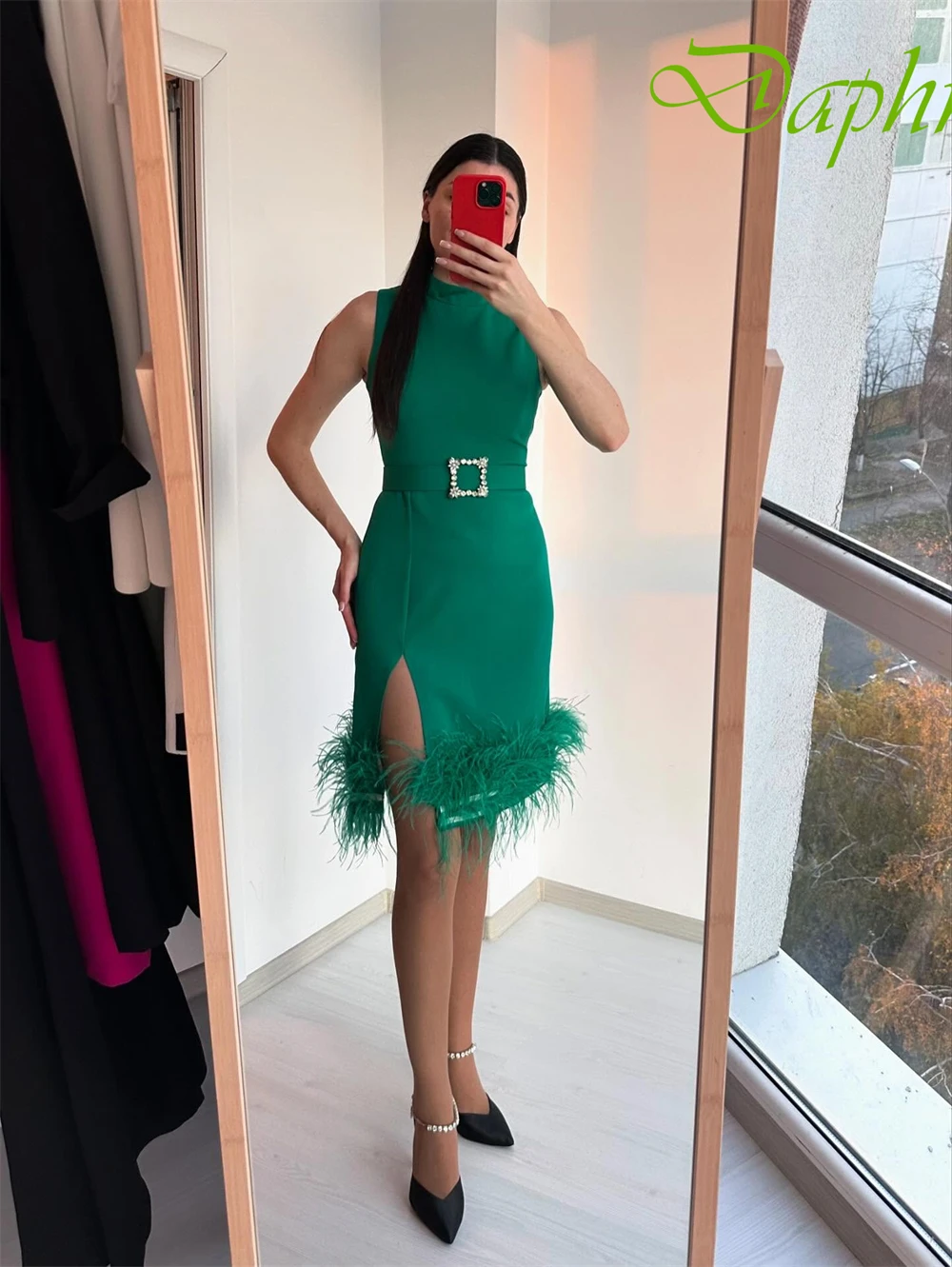 Customized Exquisite High Collar Sleeveless Evening Dress High Quality Satin Prom Dresses Temperament Feathers Party Gowns