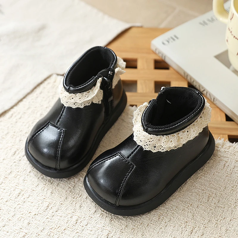 Kids Princess Boots with Sweet Lace Girls Short Boots with Cotton Non-slip 2026 Autumn Winter New Children Ankle Boots Elegant