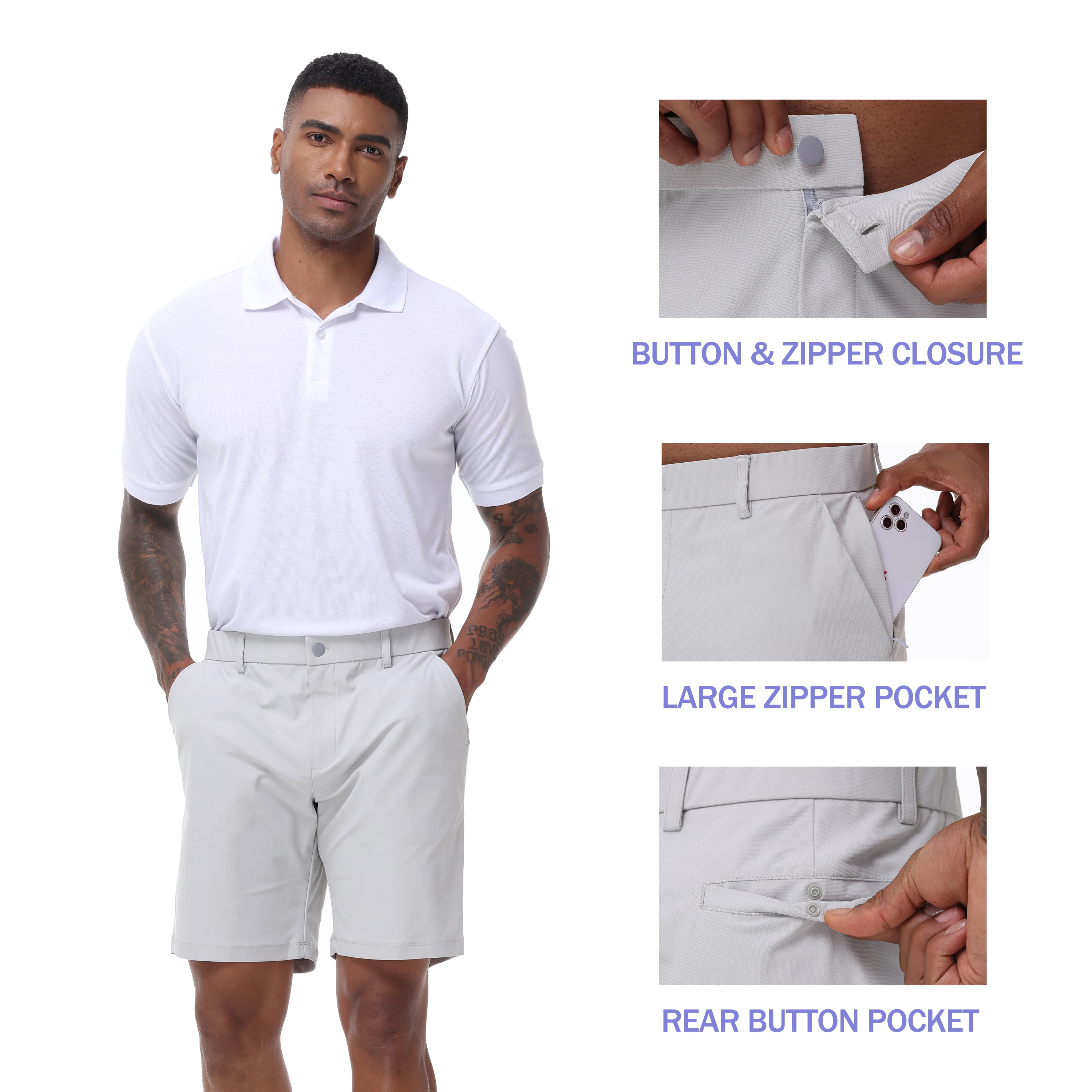 Men's Cargo Trendy Shorts Casual Elegant Golf Pants, Stretch Waist Work Dress Shorts with Concealed-Type Zipper Side Pockets