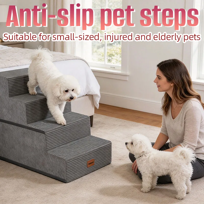 Upgraded and Widened Version 3/4/5 Steps High Density Foam Dog Stairs Ramps, for High Beds and Sofa, Proper Care for Elderly, Short-legged or Injured Cat/Dog, Non-Slip Pet Steps Sofa Bed Ladder, with Removable Washable Cover Can Be Folded Into Dog Bed
