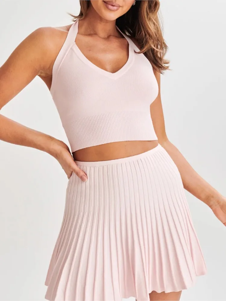 

Summer Sexy Two Piece Set Women Fashion Elegant Mini Skirt Backless Sleeveless V-neck Halter Neck Cropped Top And Pleated Skirts