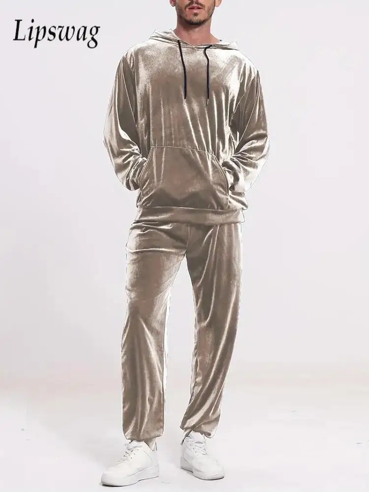 

Fall Winter Streetwear Mens Velvet Outfits Fashion Solid Color Drawstring Hoodie And Pants Tracksuits Men Stylish Two Piece Sets