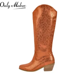 Onlymaker Western Cowgirl Boots spiczasty nosek z szerokimi łydkami obcas boczny zamek błyskawiczny buty do kolan