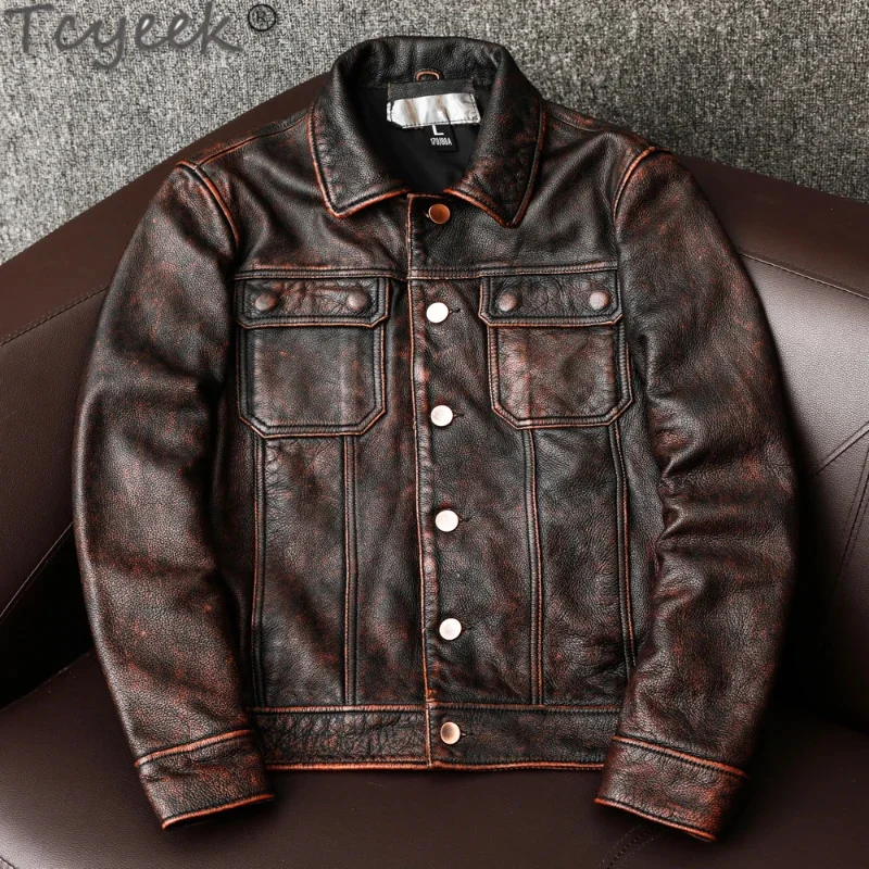 Chaqueta Vintage de cuero de vaca para hombre, abrigos cortos de otoño, molido de piedra, tela vaquera antigua Retro, trajes rojos y marrones, FCY