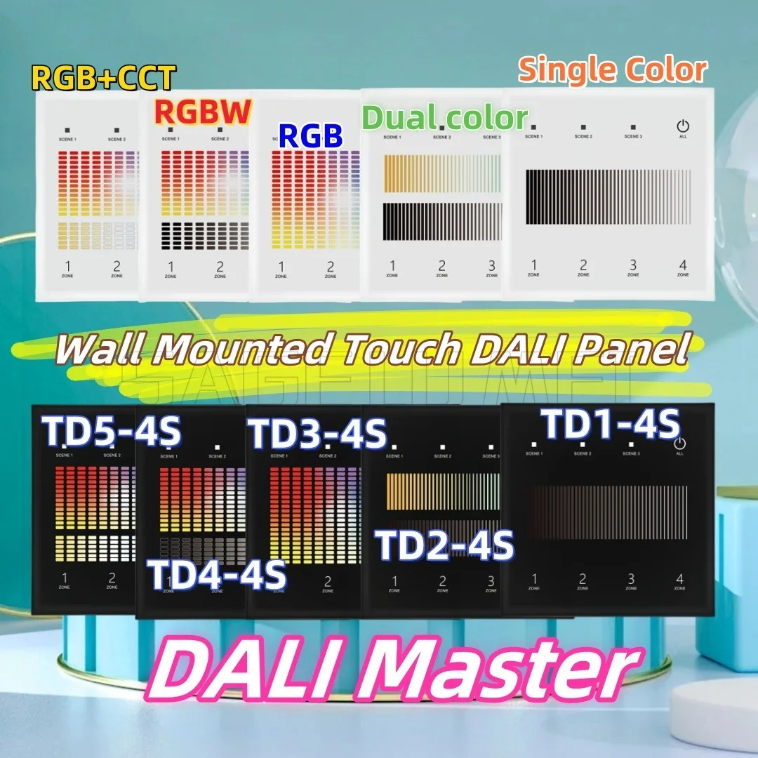 TD1/D2/D3/D4/D5-4S Touch Panel 4 Zone 1-5 color DALl master support DT6 dimming,DT8-TC color temperature,DT8-RGB or DT8-RGBW RF