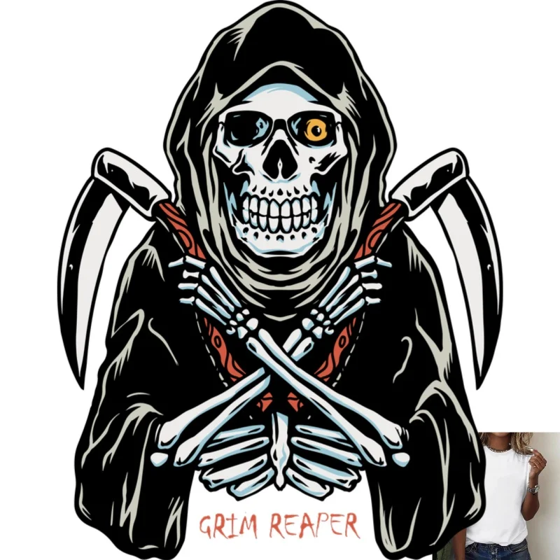 Dark Style Grim Reaper Skull Heat Transfer White Ink Iron - on Sticker, Stylish & Cool for T - shirts/Canvas Bags, Halloween