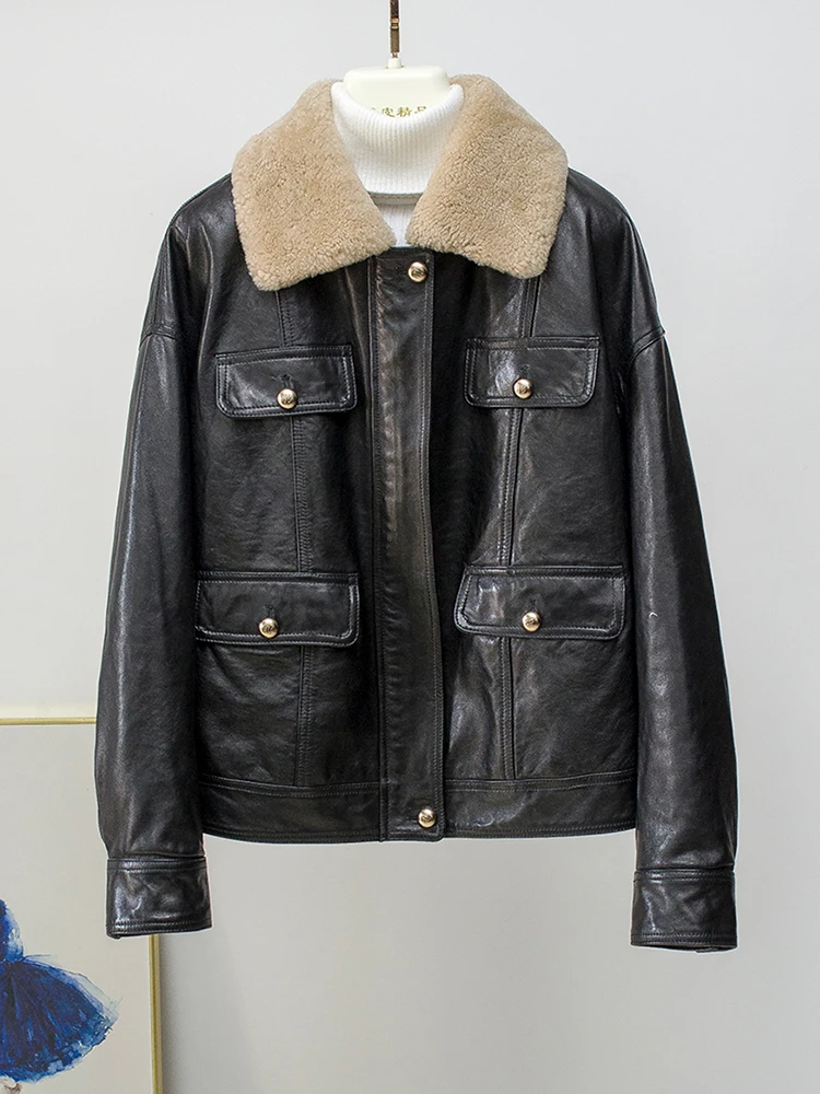 Piumino da donna caldo in piuma d'oca Giacca in vera pelle di pecora Cappotto con collo in pelliccia di pecora merino naturale Cappotti femminili di lusso