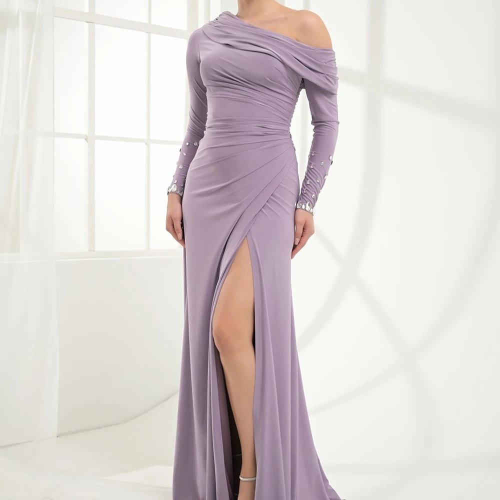 

Customized High Quality Crystal Draped Boat Neck Floor Length Side Slit Vestidos De Fiesta Straight JerseyLong Sleeves Gowns