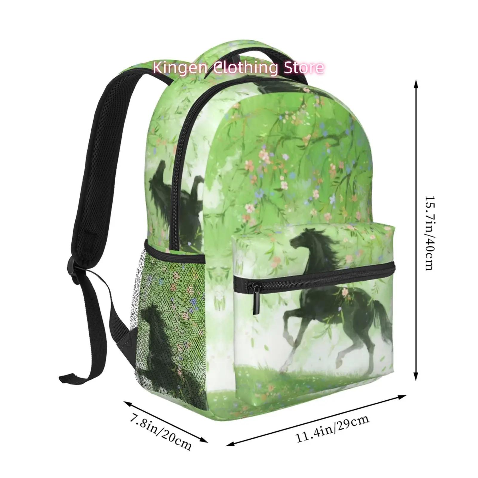 Watercolor Black Horse in Green Garden Print Backpack, Oxford Cloth, for Short Trips And Travel