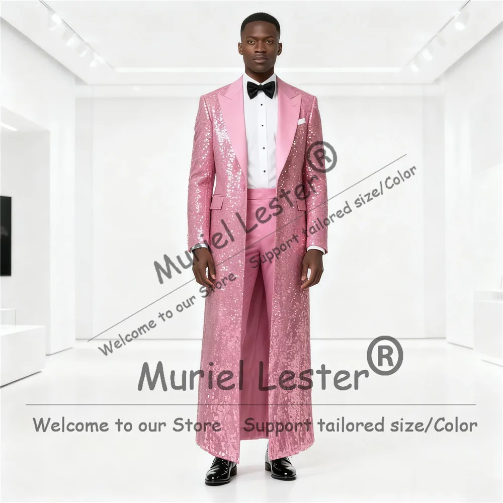 

Glittering Sequins Suit Men Long 2 Pieces Sets Single Breasted Groom Blazers Customized Man Wedding Tuxedos Terno Masculinos