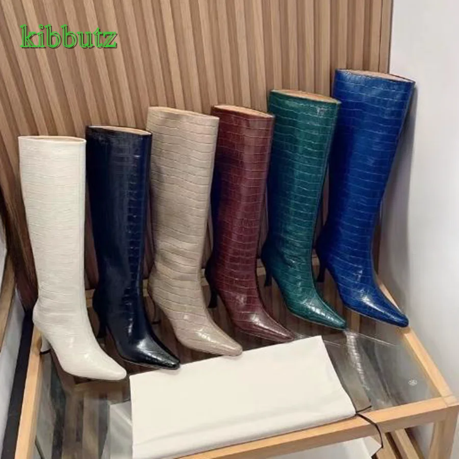 Croc Effect Leather Mid Calf Boots,Pointed Toe Stiletto Knee High Boots Straight Boots Women Shoes 2023 New Zapatos Para Mujere