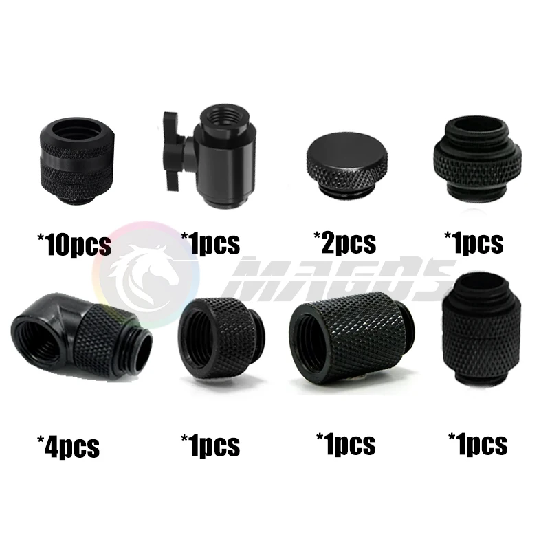 Computer Water Cooling Hard Pipe Fitting Kit, AIO Pack For 10*14mm Tube Watercooling Building, Black / Silver