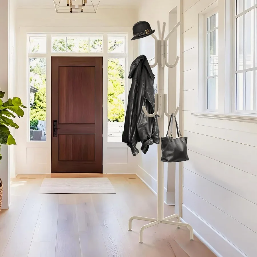 معطف قائم على الحائط ورف منظم شماعات القبعة مع 12 خطافًا لغرفة النوم في المدخل أو خزانة تخزين بيضاء موفرة للمساحة #2