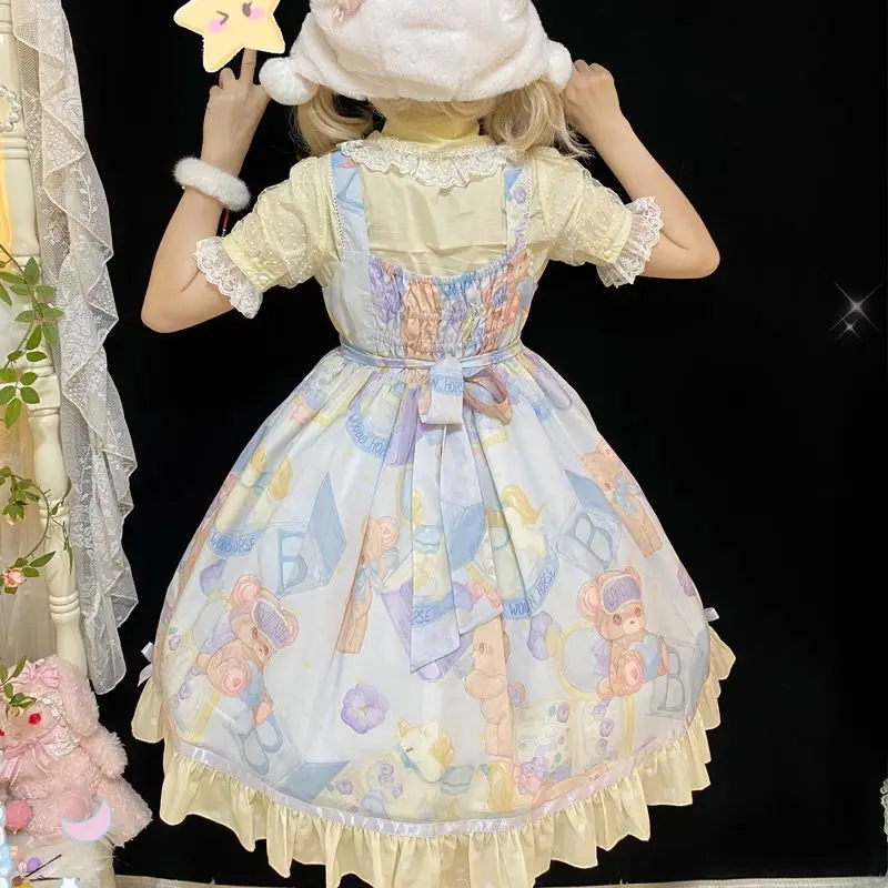 Lolita Niedlichen Bären Druck Japanischen JSK Kleid Süße Lolita Kleider Weibliche Weiche Mädchen Blau Frauen Rüschen Bowknot Tee Party Kleid