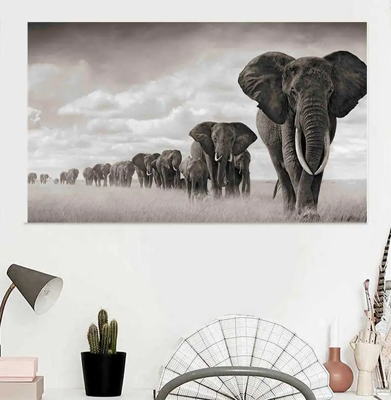 Pintura en lienzo de elefantes de África negra, animales salvajes, Escandinavia y impresiones, Cuadros, Cuadros artísticos de pared para sala de estar
