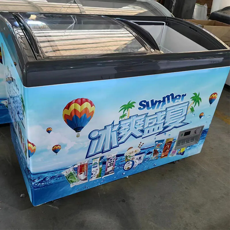 

Commercial Supermarket Sliding Display Ice Cream Curved Glass Door Freezer Chest Deep Showcase Freezer