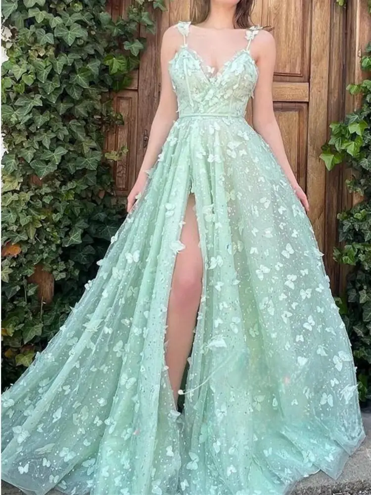 Charming Mint Green 3D Butterfly Prom Party Dresses V Neck Backless Side Split Formal Occasion Dress Girl Homecoming Evenings