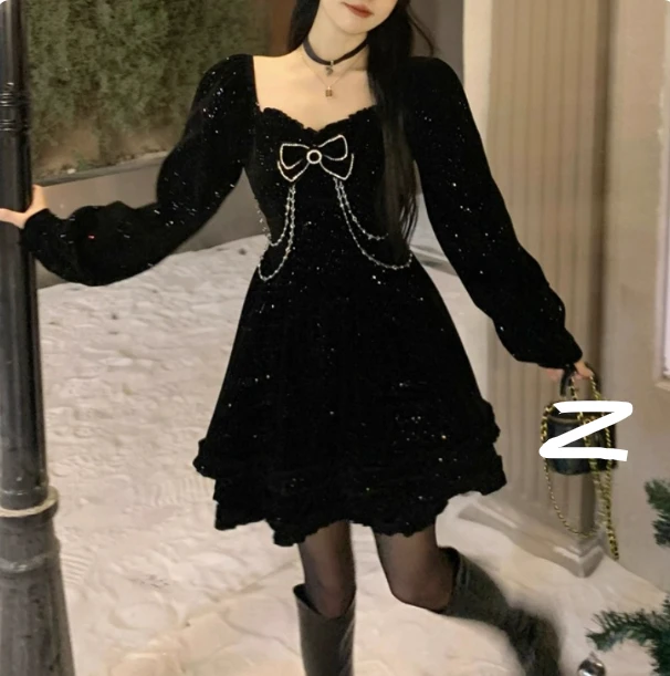 عيد الميلاد الخريف الشتاء جديد كبير الحجم فساتين مخملية حمراء أنيقة فتاة الفرنسية ساحة طوق عالية الخصر طويلة الأكمام فستان كوري