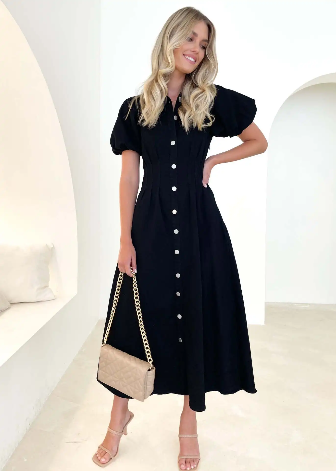 Modna sukienka Vintage damska sukienka 2023 lato bufiaste rękawy Temperament sznurowana talia koszula sukienka elegancka Vestido Feminino