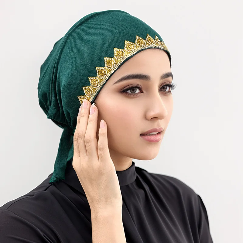 

Shiny Golden Rhinestone Caps Women Elastic Tie Back Muslim Inner Hijab Turban Undercap Jersey Headscarf Beanies Bonnet Head Wrap