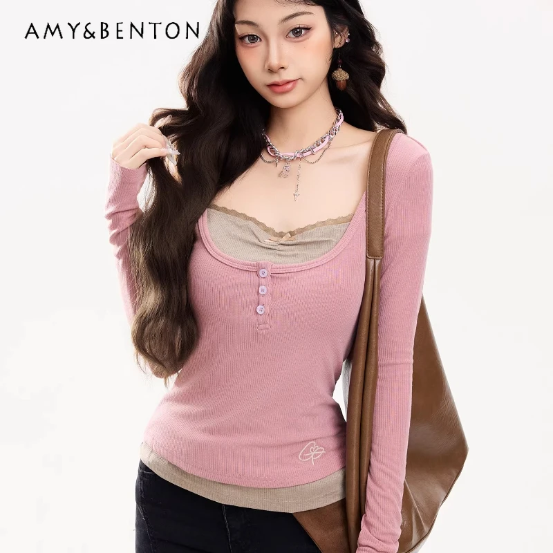 

Women's Sweet Girl Fake 2-piece Long-Sleeve Women's Top Original Contrasting Color Splicing Square Neck Versatile T-Shirt Ladies