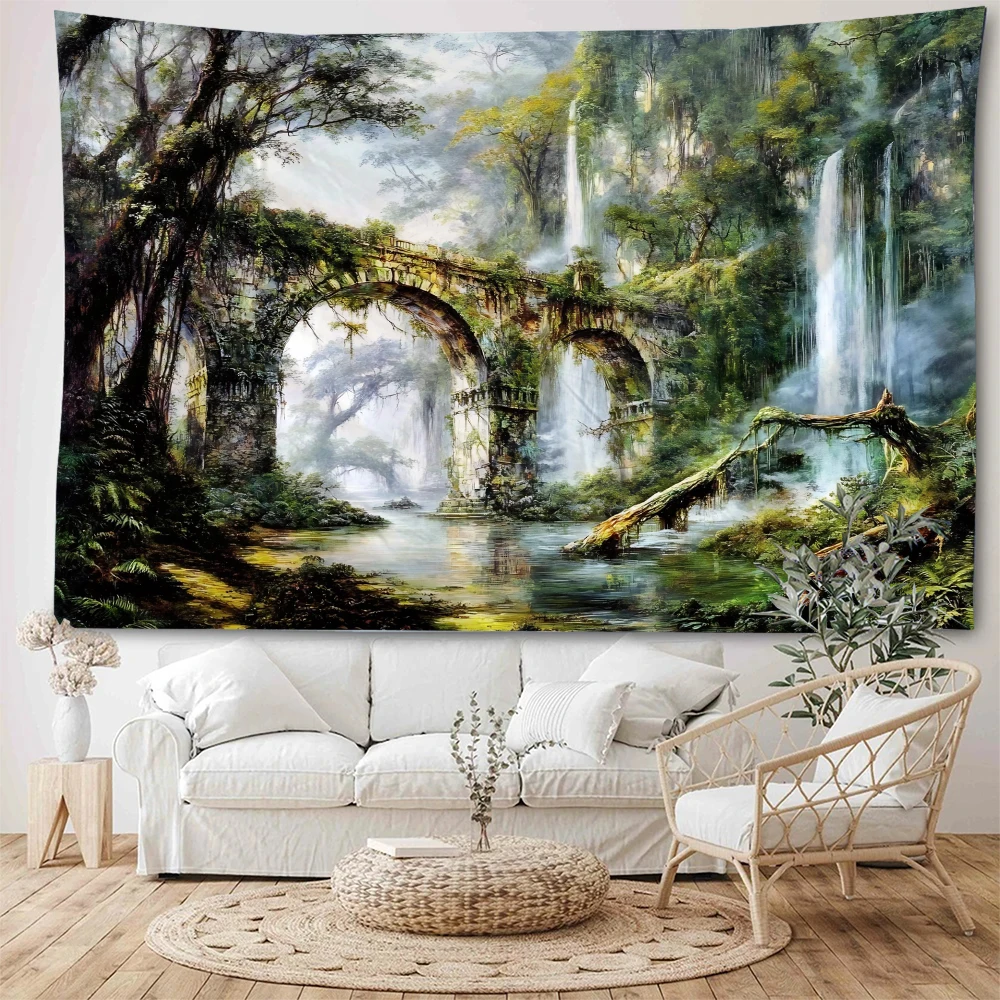 

Dreamy landscape waterfall, sunshine forest waterfall scenery decoration tapestry, winter green mood decoration tapestry