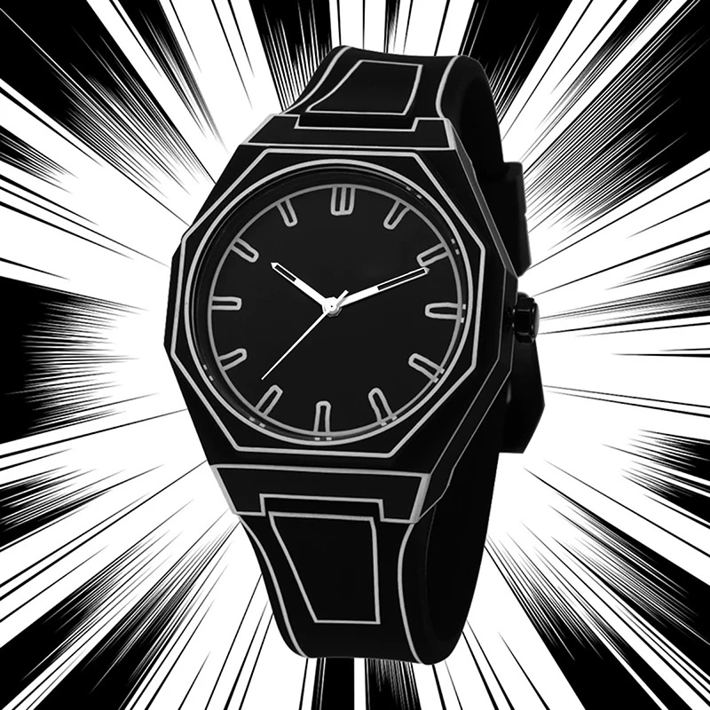 PINTIME New Men\'s Watches Black White Quartz Watch for Man Creativity 2D Comic Style Wristwatch Male Leisure Male Cool Clocks