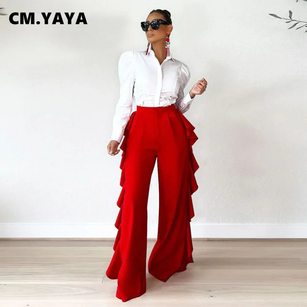 

Elegant Women Ruffles Splicing Side Loose Wide Leg High Waist Pants 2022 New INS Street Party Trousers