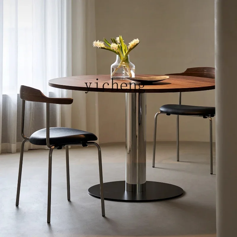 L28 Dining Table Modern Minimalist Stainless Steel Black Walnut Full Solid Wood Round Table
