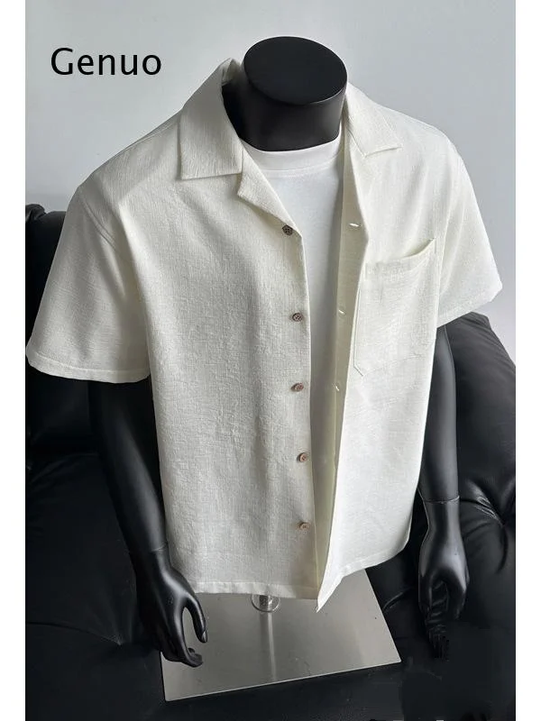 2026 Men Retro Cuban Collar Textured Short Sleeve Shirt Casual Summer Button Down Top