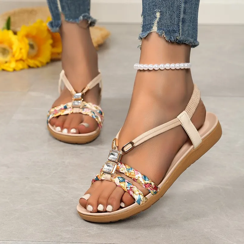 Einfache Boho-Sandalen in großer Größe mit elastischem Sommerband und offenem Zehenbereich, bequeme Strandsandalen
