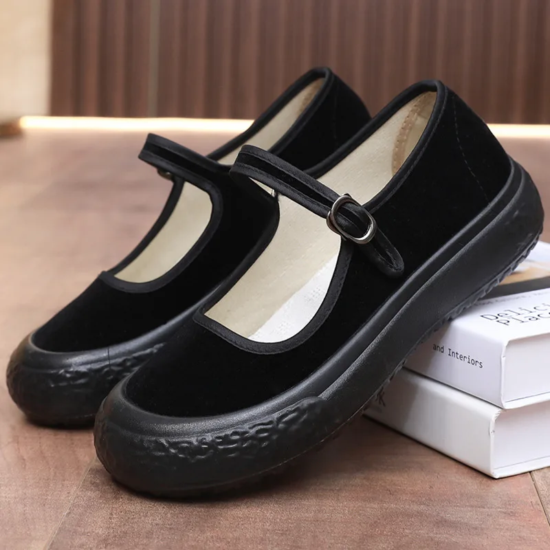 Size 35-40 Ethnic Style Chinese Old Beijing Cloth Shoes Women Thick Sole Lightweight Soft Sole Work Black Cloth Shoes