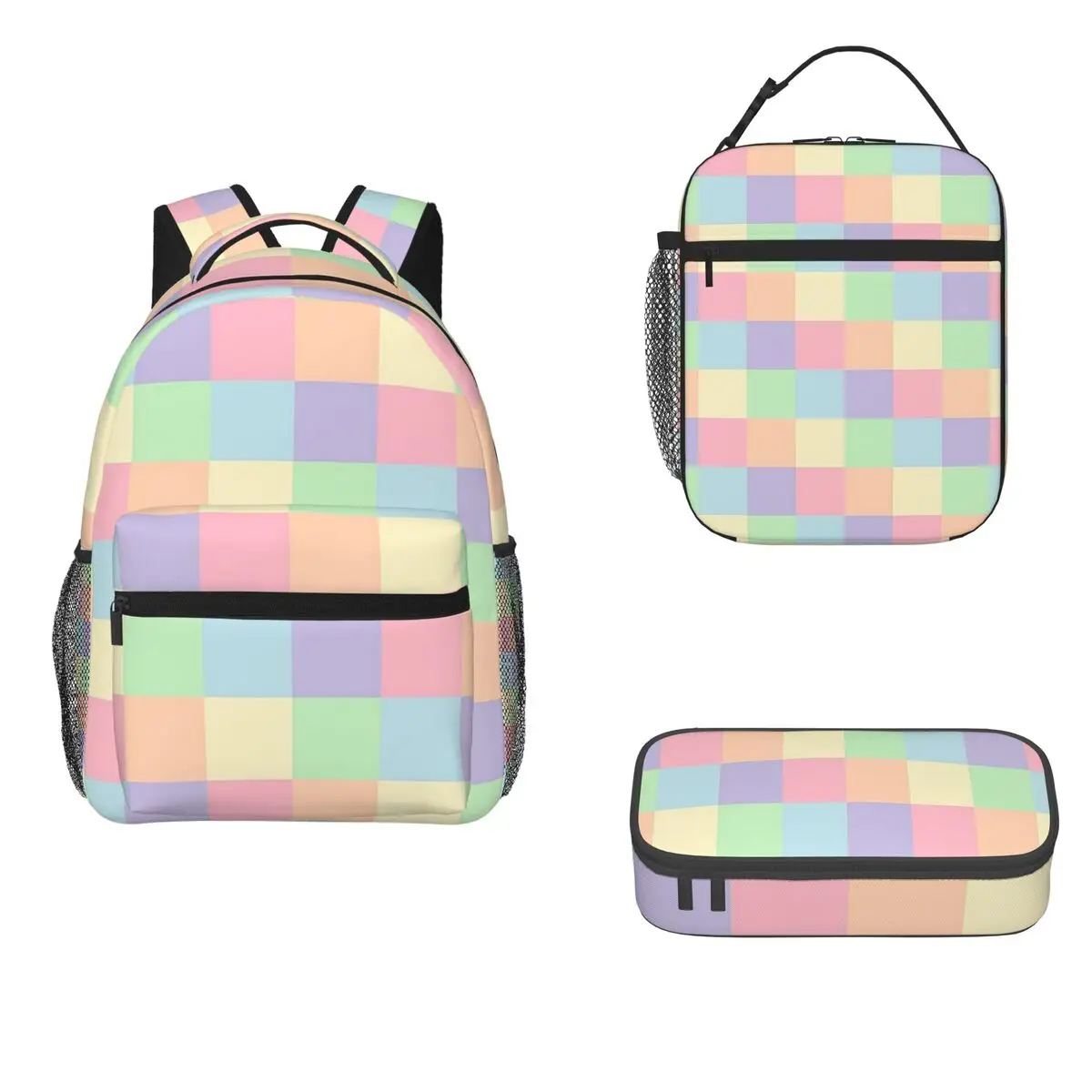 Unicorn Pastel Rainbow Checkerboard Backpacks Boys Girls Bookbag Students School Bags Rucksack Lunch Bag Pen Bag Three-Piece Set