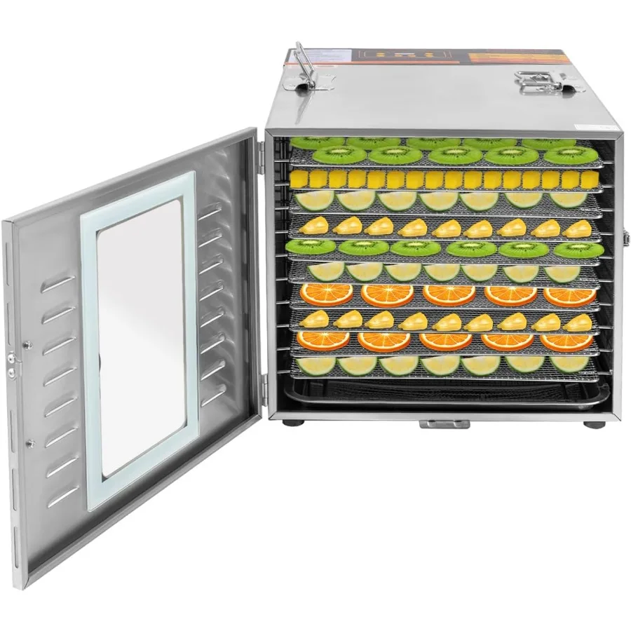 

Электрический дегидратор для пищевых продуктов коммерческого класса мощностью 1000 Вт с 10 противнями из нержавеющей стали, предназначенный для крупноклассной сушки фруктов и овощей.