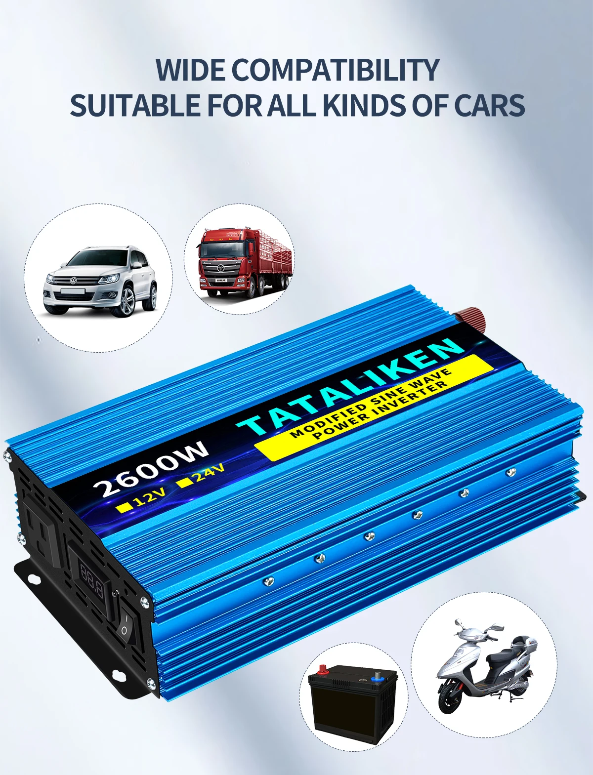 2600 Watt Power Inverter Car/Outdoor 12V DC to 110V AC Converter with LED Display and Smart Fans Solar Power Inverter