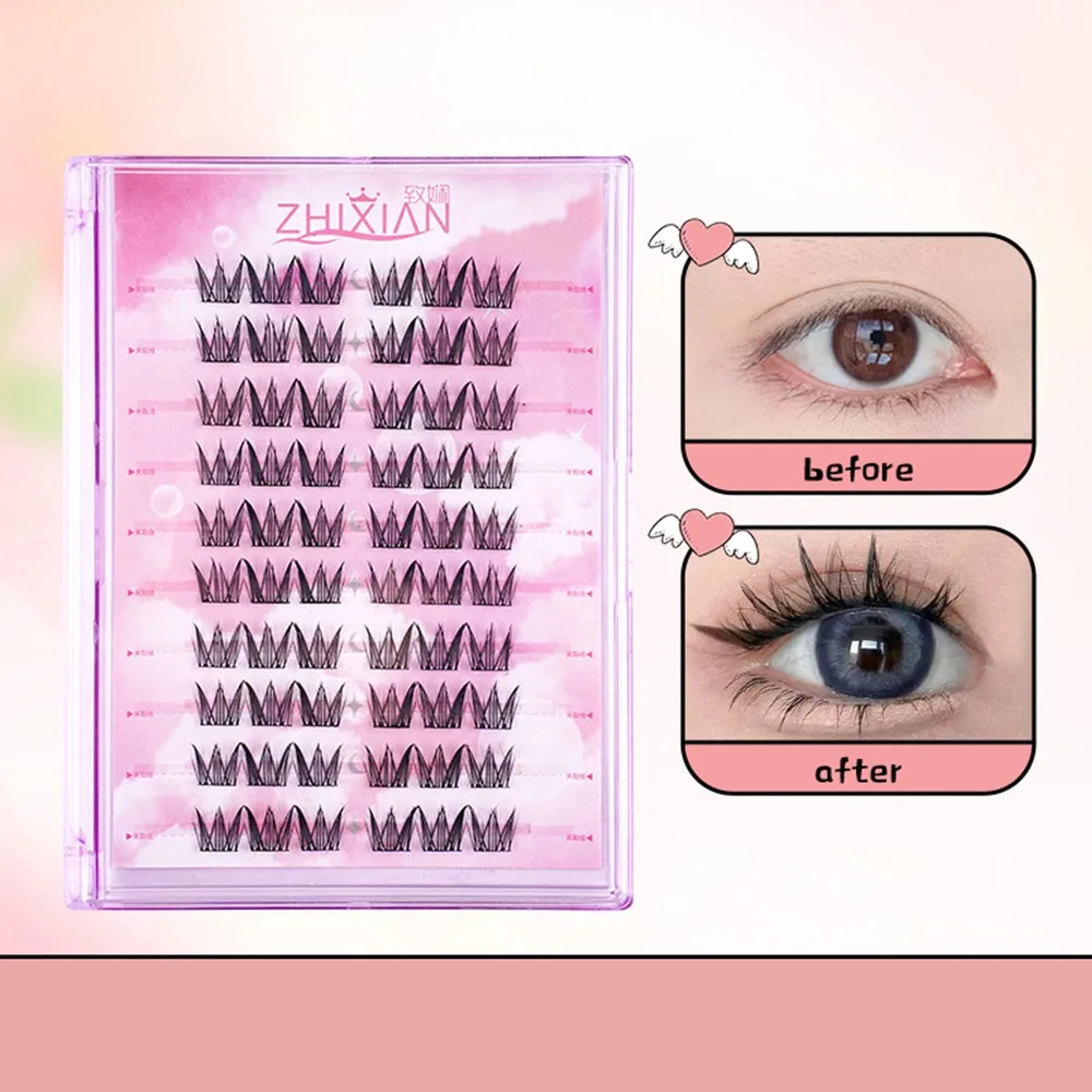 

With Jelly Glue Strips Manga Lashes Glue Free Anime Cosplay Segmented False Eyelashes Handmade Nude Makeup Cat Elf Eyelashes