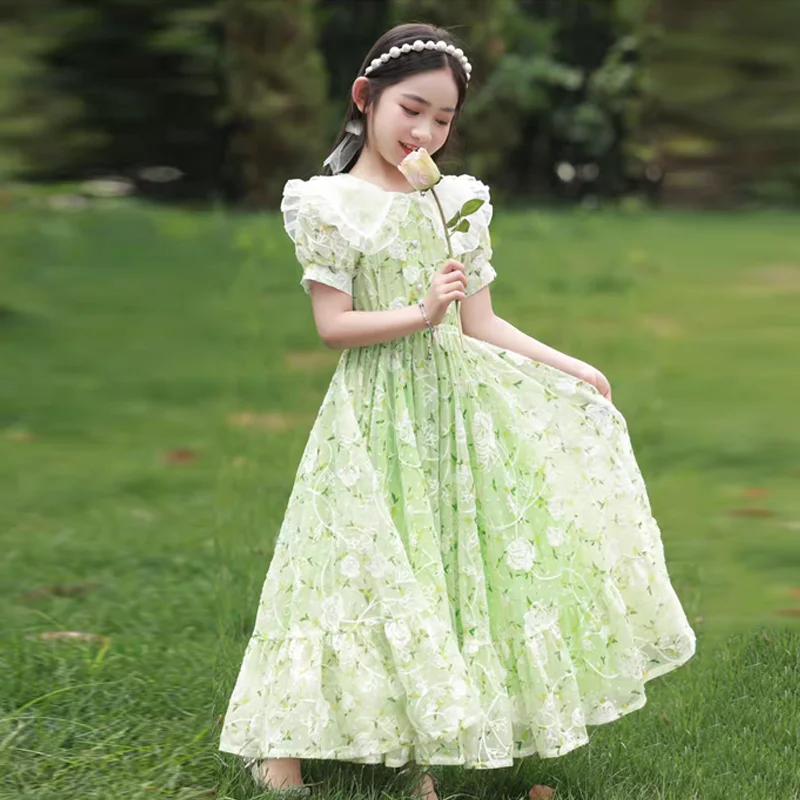Girls Summer Dresses New Children\'s Princess Gown Big Kids Short-sleeved Dress Teen Girls Peter Pan Collar Clothing 4-12Y
